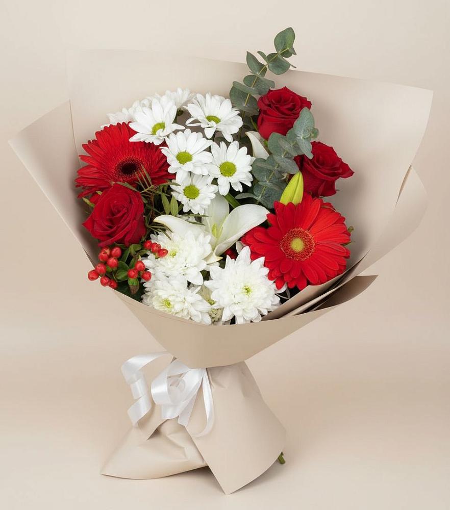 Букет цветов из: Розы, Хризантемы, Герберы и Лилии в Пролетарском Белгородской области